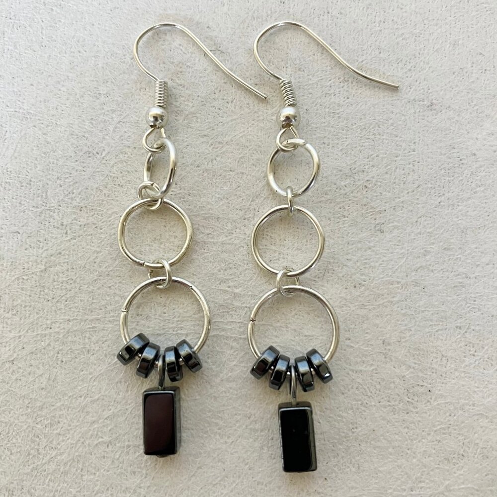 Gun Metal Beaded Earrings Silver Hoop Rings Handcrafted Pierced Drop Dangle New